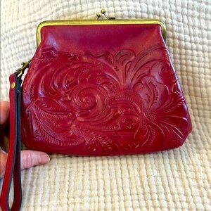 PATRICIA NASH Red Leather Kiss Lock Wristlet/Clutch-detachable wrist strap